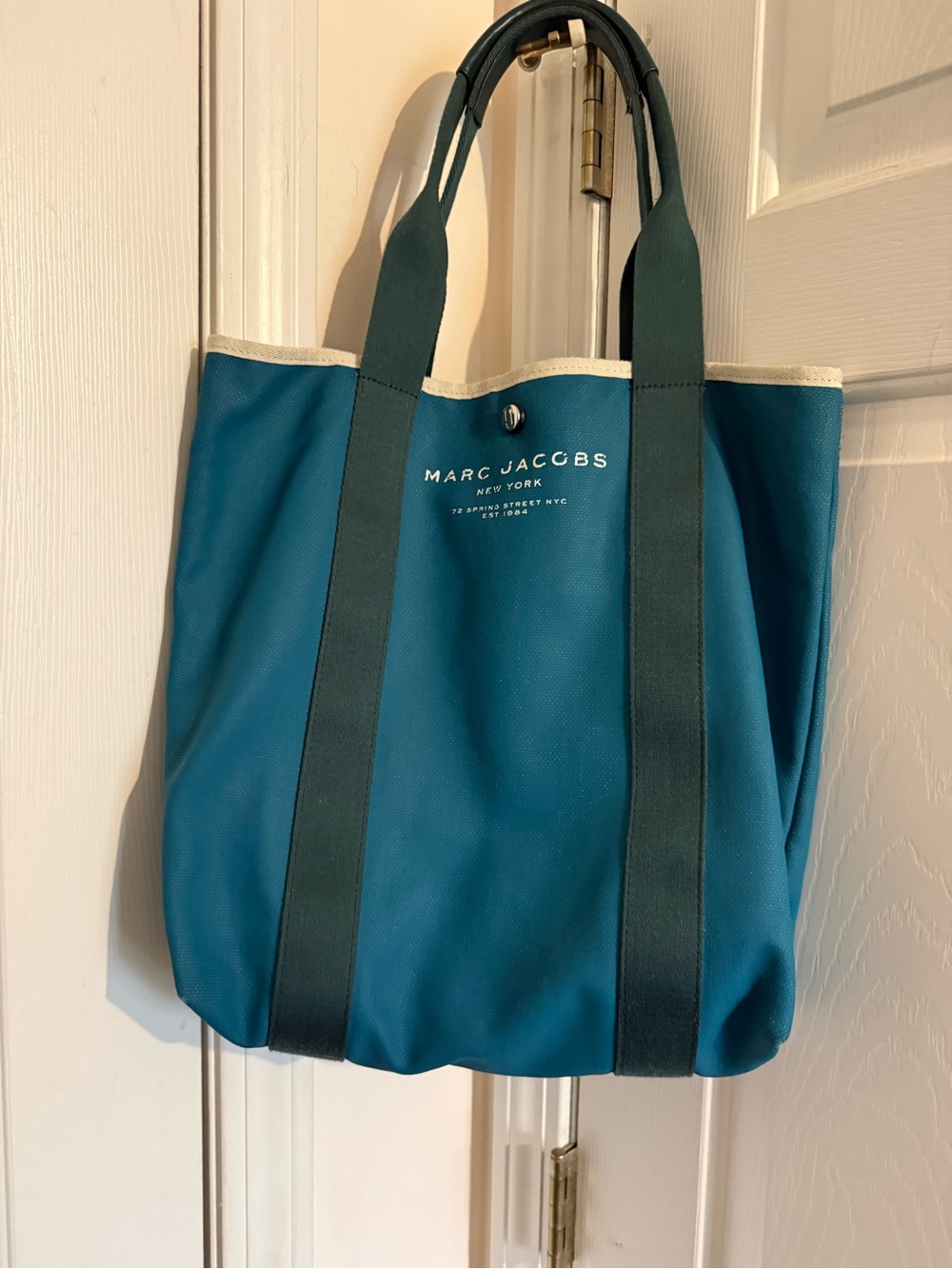 Marc Jacobs Teal Canvas Messenger Tote with Cream Trim